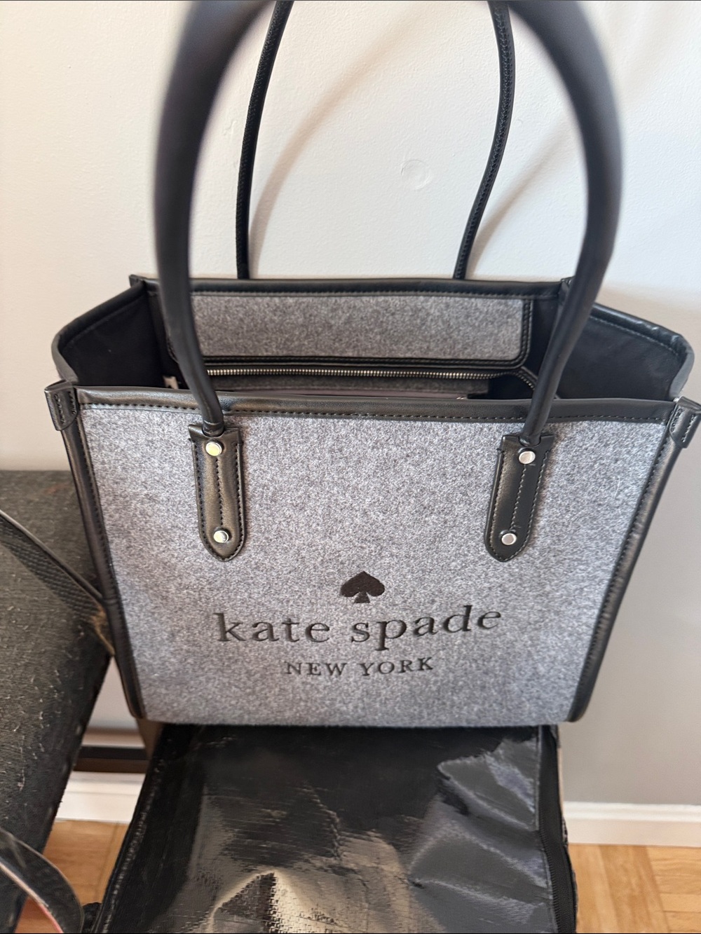 kate spade Gray Felt Tote with Black Leather Trim